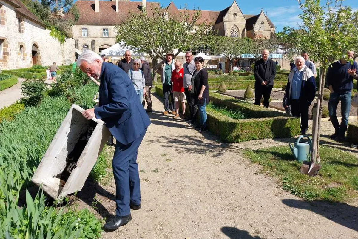 Salon des Plantes à Souvigny : un rosier 'la Bourbonnaise' planté par le maire dans les Jardins du Prieuré