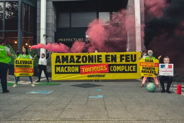 Greenpeace interpelle le gouvernement sur la déforestation en Amazonie devant la préfecture, à Clermont-Ferrand