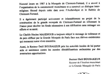 Le recteur de la mosquée de Paris apporte son soutien à l'imam de Clermont-Ferrand (document)