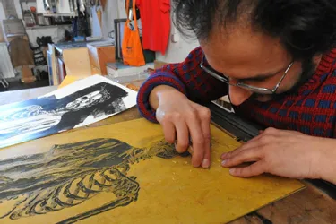 Linogravure avec un peintre et graveur