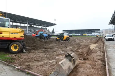 La pelouse du Stadium de Brive en travaux pour préparer le match CAB - Pau